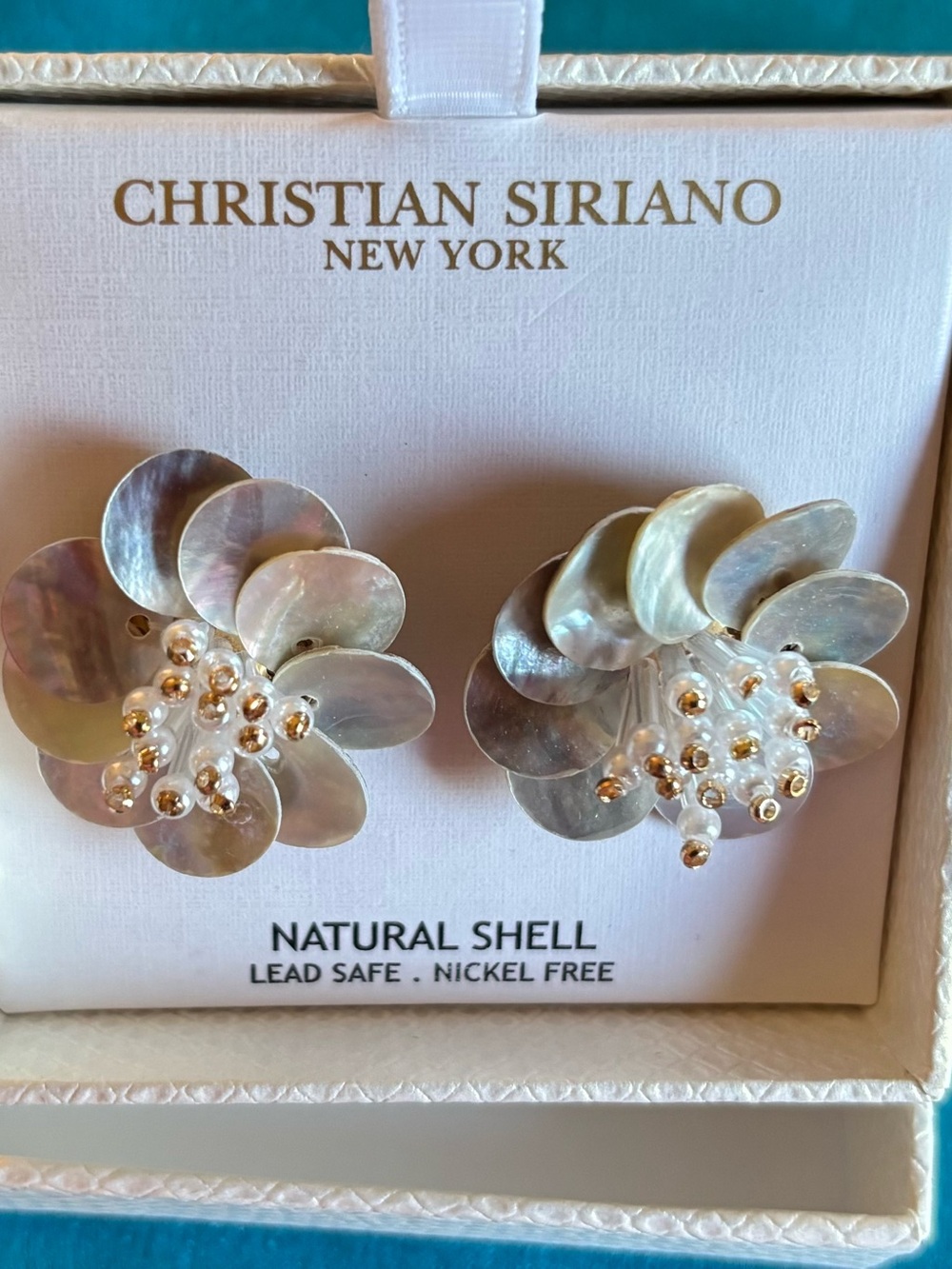 Christian Siriano Iridescent Shell Flower Cluster Earrings with Gold Beads